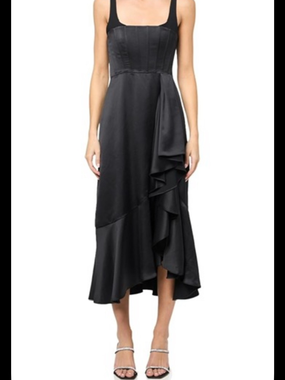 BCBGMaxAzria Black Satin High-Low Ruffle Dress
